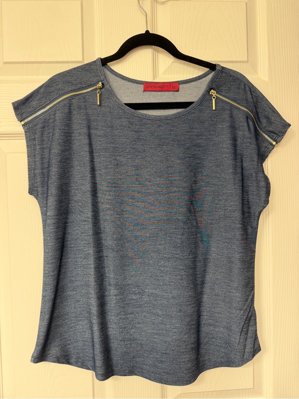 Scarlett Heather Blue Short Sleeve Top with Gold Shoulder Zippers